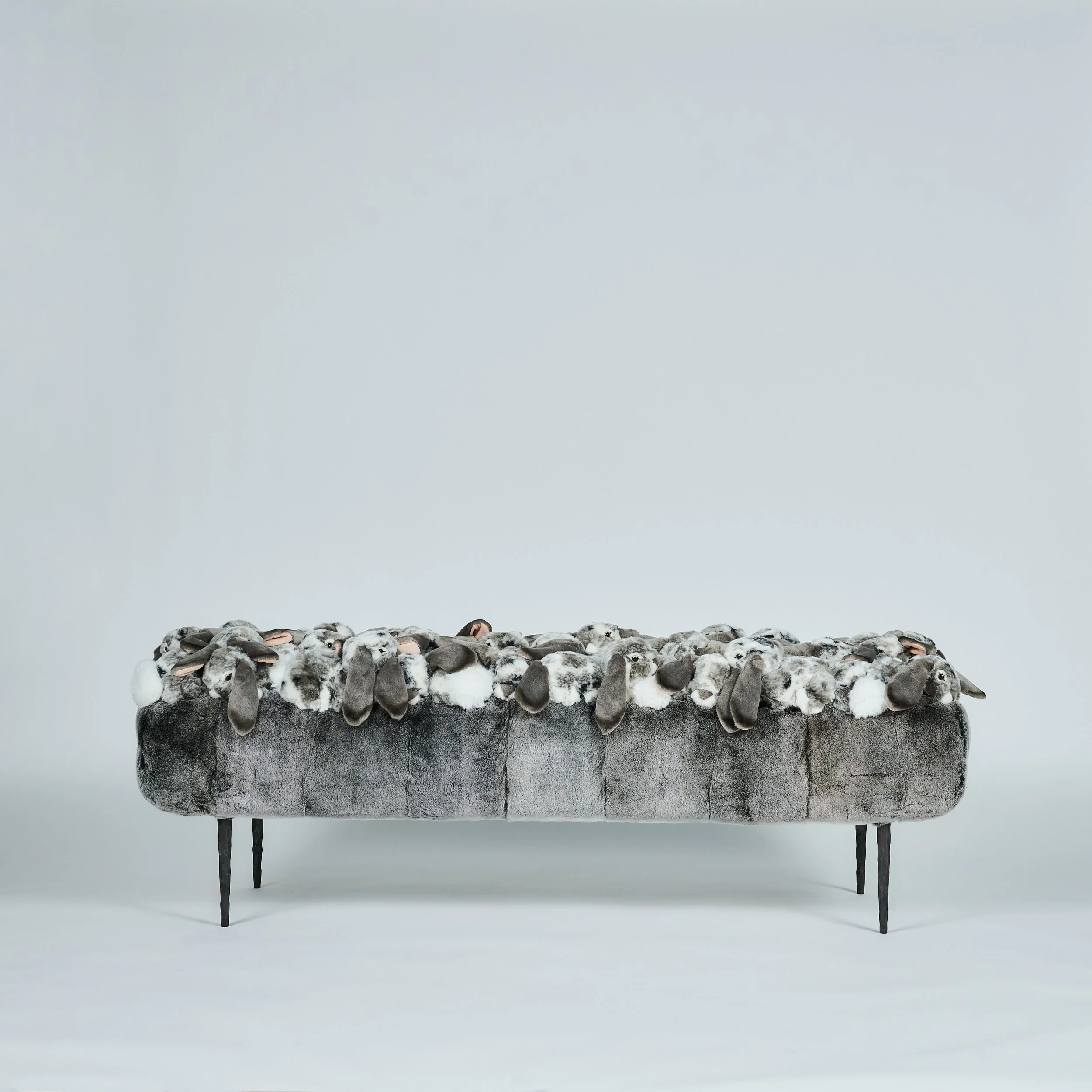 Handmade in Belgium, AP bench, wood & metal,sheepskin, polyester fabrics, 160x60x50 cm, limited edition of 50