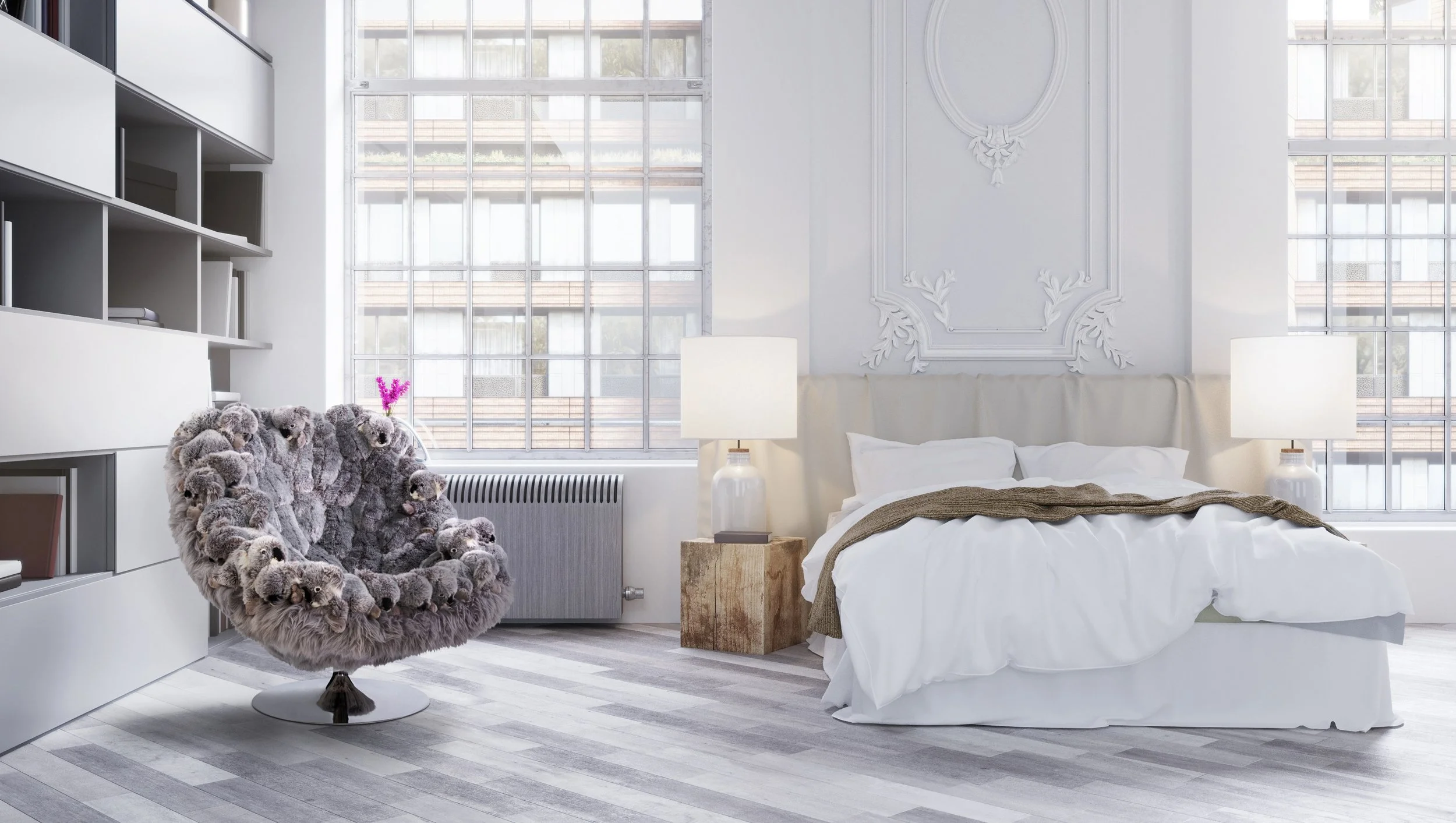 APcollection design base "Paulex", polyester plushes, metal, wood, textile fabrics, New-Zealand sheepskin, Handmade in Belgium, 95 H 98 L 92 l, Limited edition of 50"