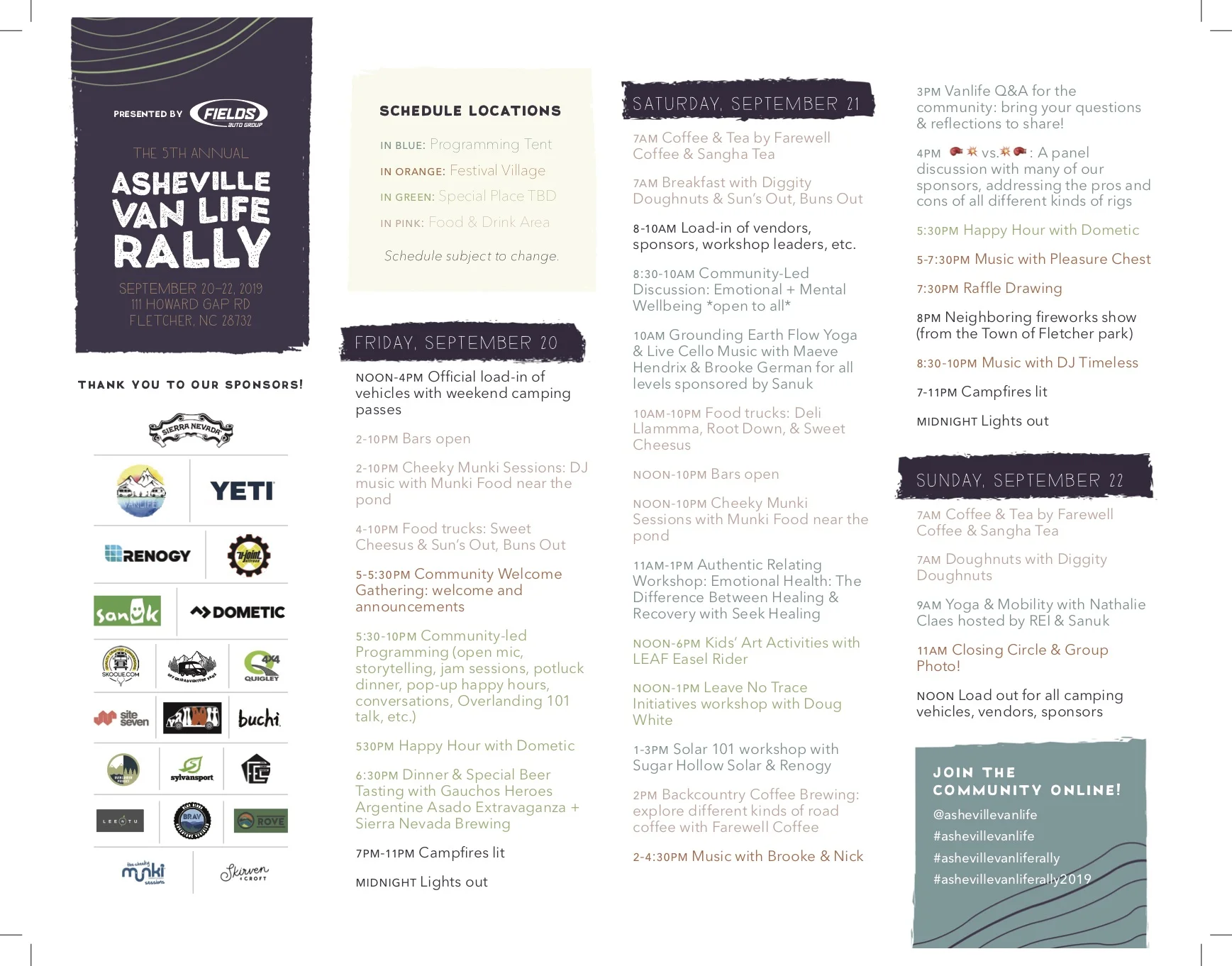 Thanks to Skirven & Croft, check out this event schedule! Subject to change.
