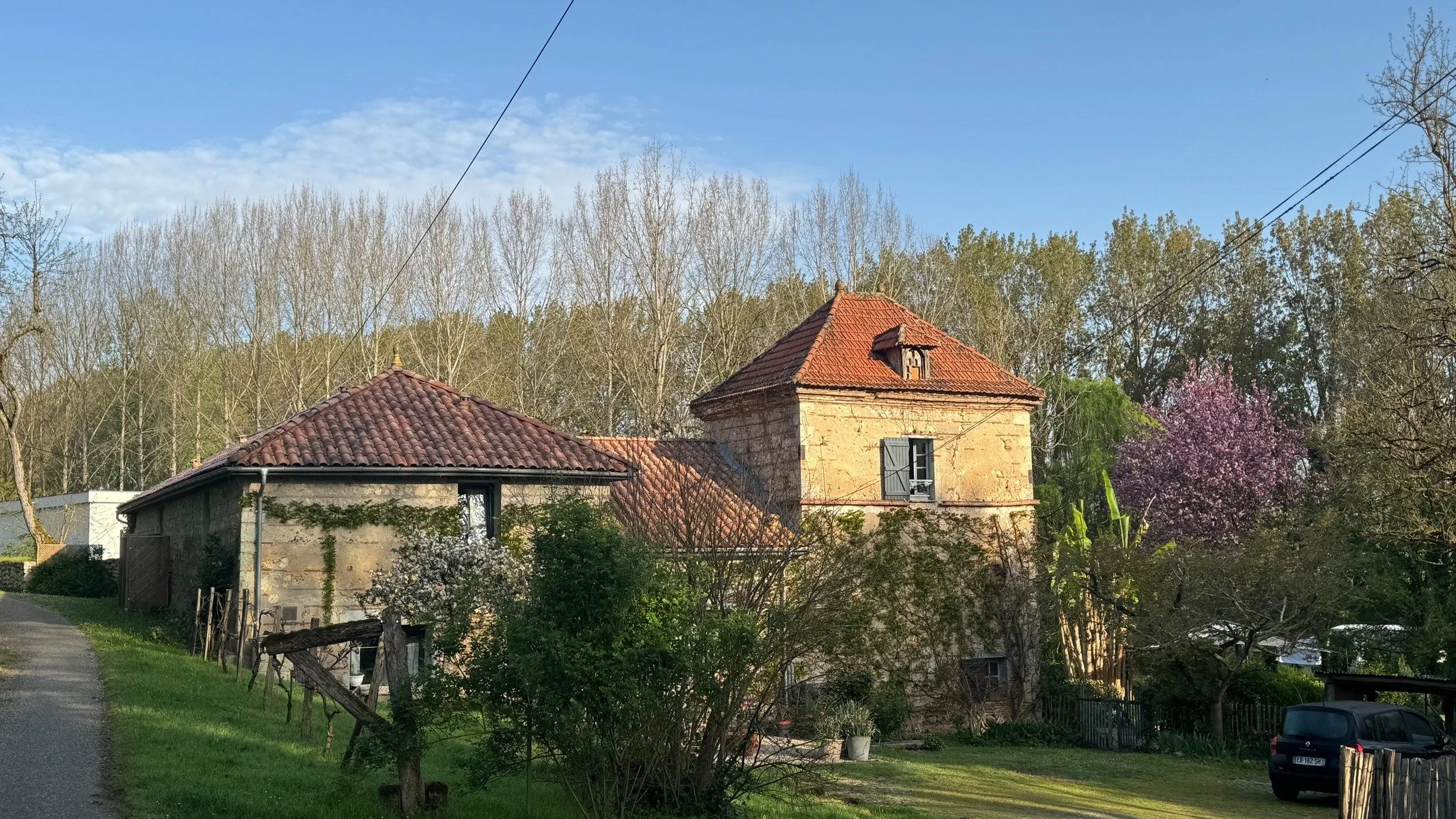 Sunny Spring Morning as the sun strikes the old stone walls and tile roofs of the Relais. While each season is different, we love the sunny hours at Camont and invite interested writers and artists to join us in May and June for a a few available spa