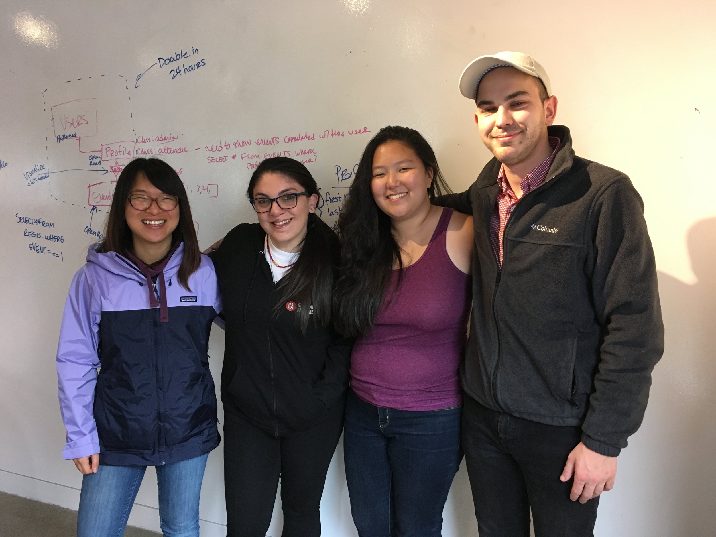 Hackathon pre-planning meeting with Yin Deascentis, Yenifer Prajopati, Lauren Paik and Will Britton. Note the comment on what is doable in 24 hours on the wall behind Yin's head.