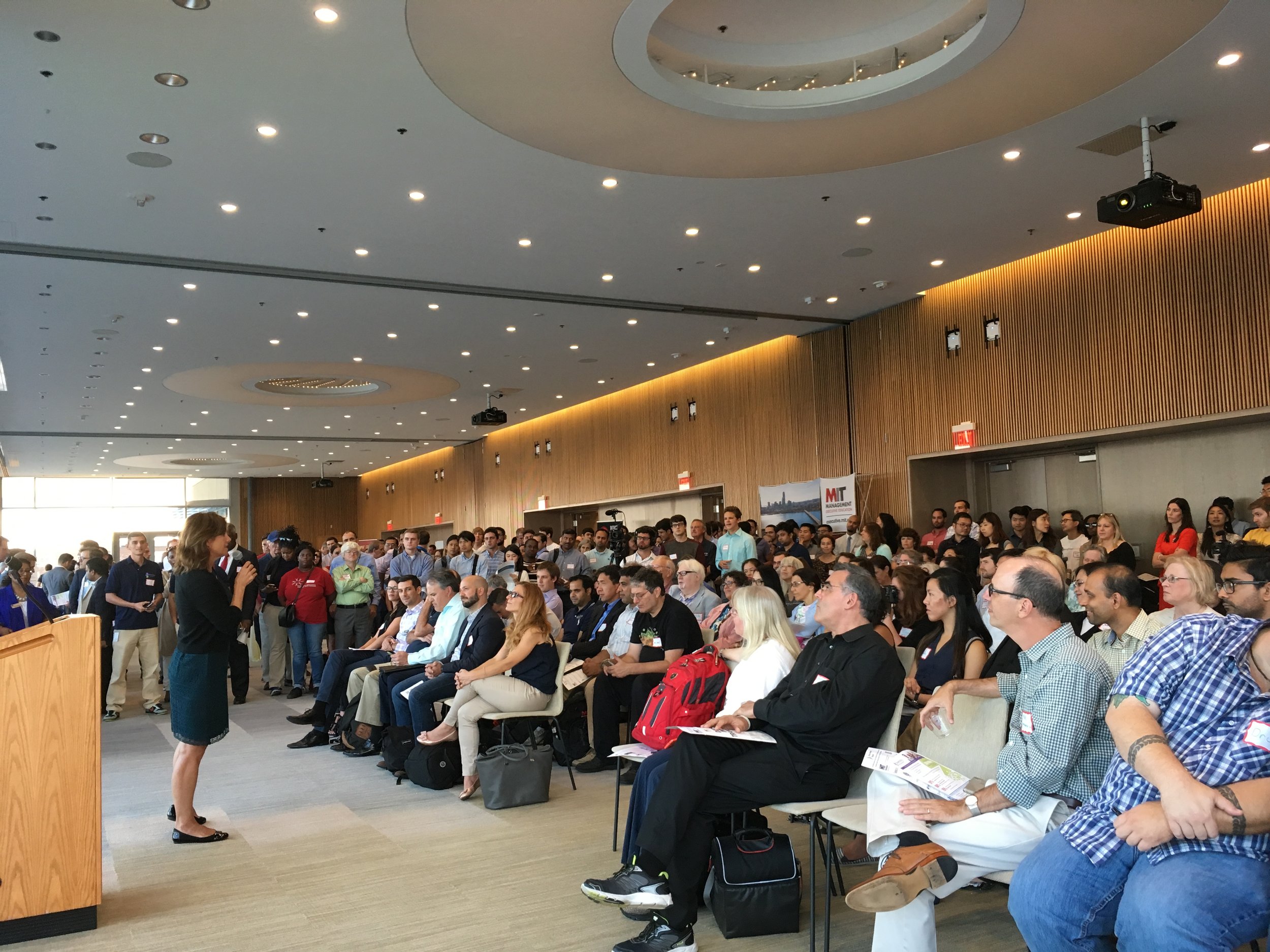 Kari's view as she waited to give her pitch before the crowded space at Mass Innovation Night #101.