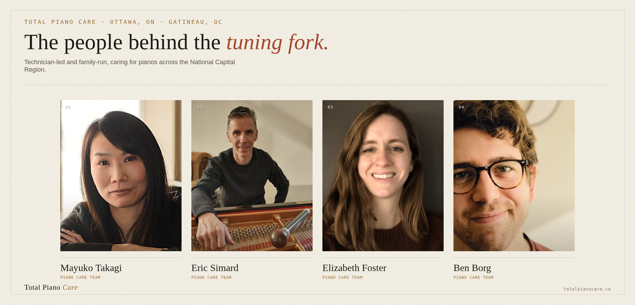Website featuring team of four piano technicians with their photos, names, and titles: Mayuko Takagi, Eric Simard, Elizabeth Foster, and Ben Borg, from Total Piano Care in Ottawa, Ontario, Quebec.