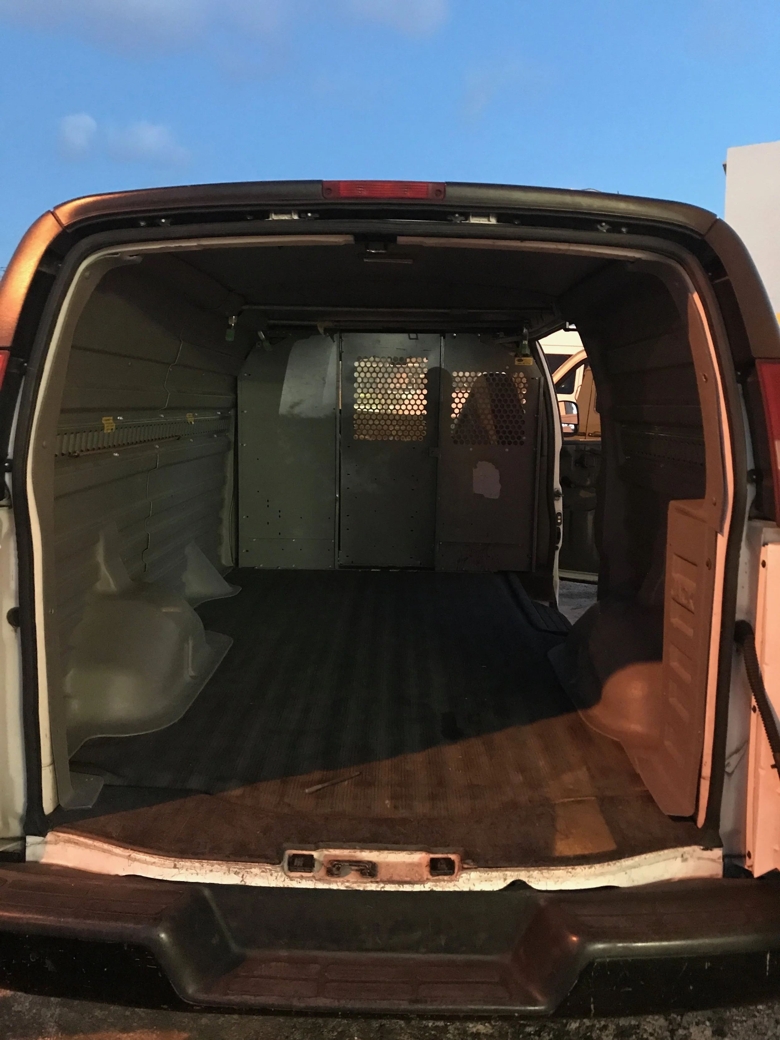 the inside of our 9 year old van, taking it off the courier service fleet and giving it a last hoorah of road trips.