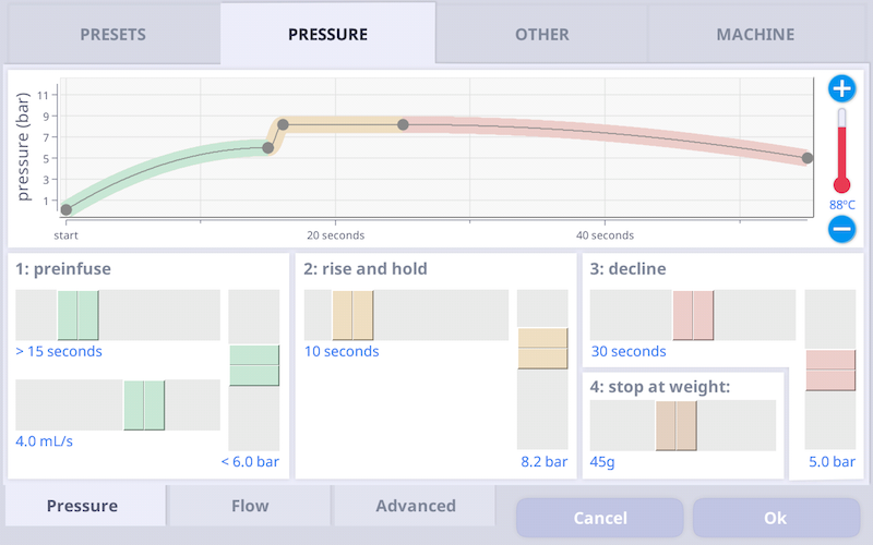 Pressure mode recipe screen