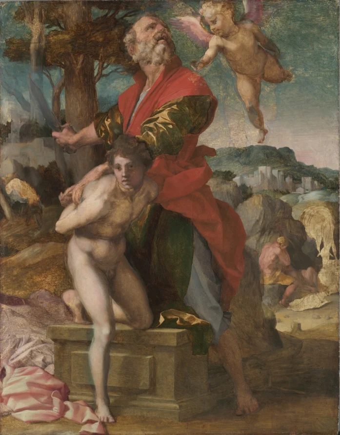 Here is a painting of the Sacrifice of Isaac, 1527, by Andrea del Sarto from the Cleveland Museum of Art. We can see that he has not finished the painting and in some passages, his inked lines are plainly visible. From the drawing - the disegno - he built his painting up with relatively thin applications of paint. 