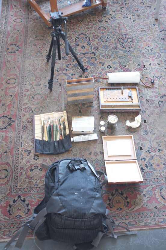 Here is my plein air painting kit. My goal this season is to really slim it down. At the moment, it is still a rather heavy amount of gear. The numbers are a little hard to see but this is what I have- 1. Manfrotto Tripod- this model and make is heavy, but in this case weight can be a benefit. It is not likely to tip or blow over in windy conditions. 2. 8x10 Panel Box- I made this box out of readily accessible materials. It is a good way to carry my panels and to pack out wet panels after painting. 3. Paper towels on a Bungy Cord- I like Viva paper towels. The bungy cord lets me hang the paper towels on my pochade box. 4. Pochade Box- this is made by Open Box M. This holds my panel and paints while I am painting. 5. Brushes 6. Paints 7. Medium and Turp Jars 8. Cheese clothe 9. 5x7 Panel Box- for smaller paintings I use a cigar box with velcro 10. Backpack
