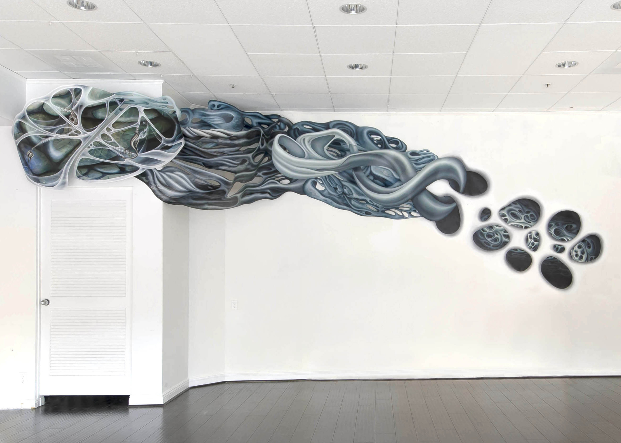 ...and yet, things continue to unfold (I) Installation at GALA Exhibits, Glendale, CA Acrylic on Duralar 4' x 25' x 3' 2015 Photo Credit: Gene Ogami