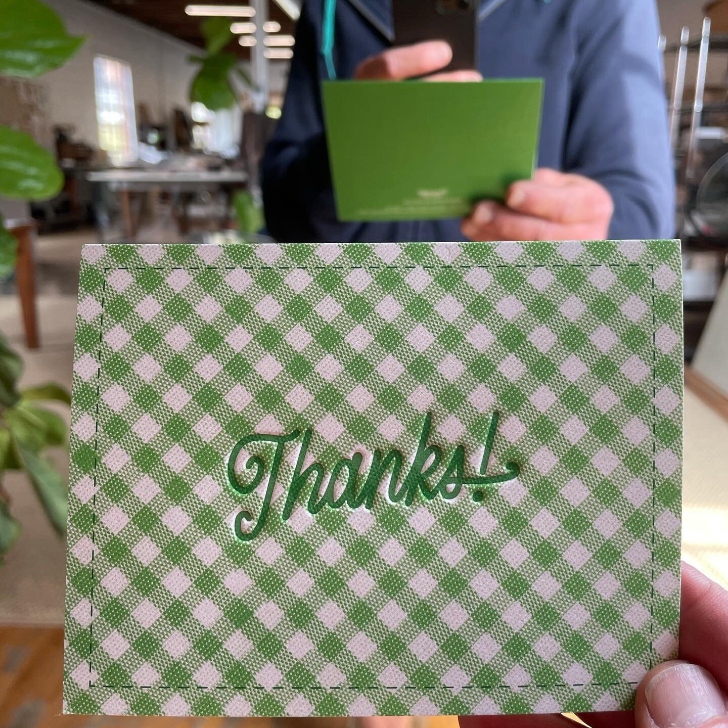 Sending out big green gingham thanks cards for St. Patrick&rsquo;s Day. #snailmail #letterpressnotecards #thanks