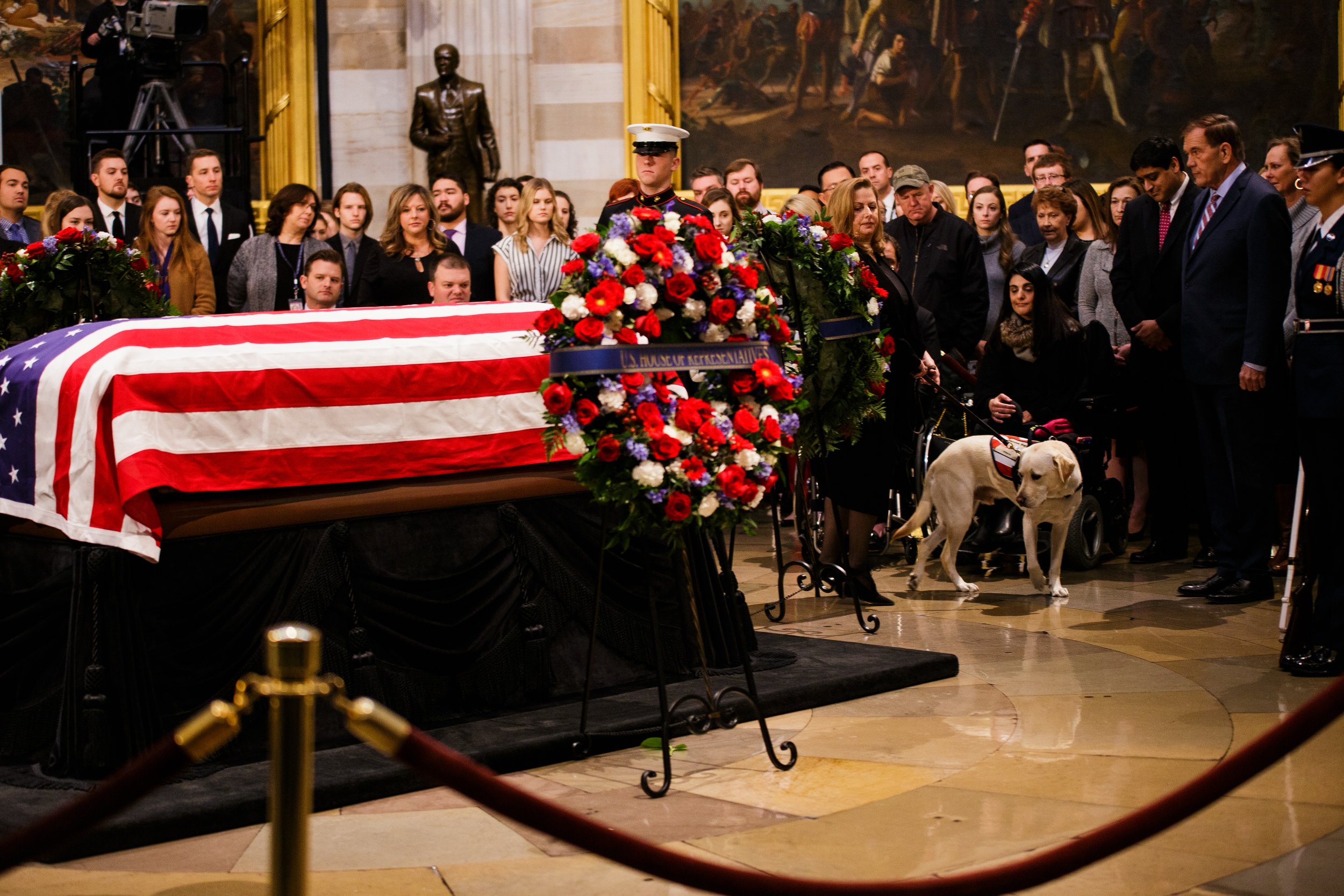  Sully, President George H.W. Bush’s service dog pays a visit to his casket in the Capitol Rotunda.    December 2018 