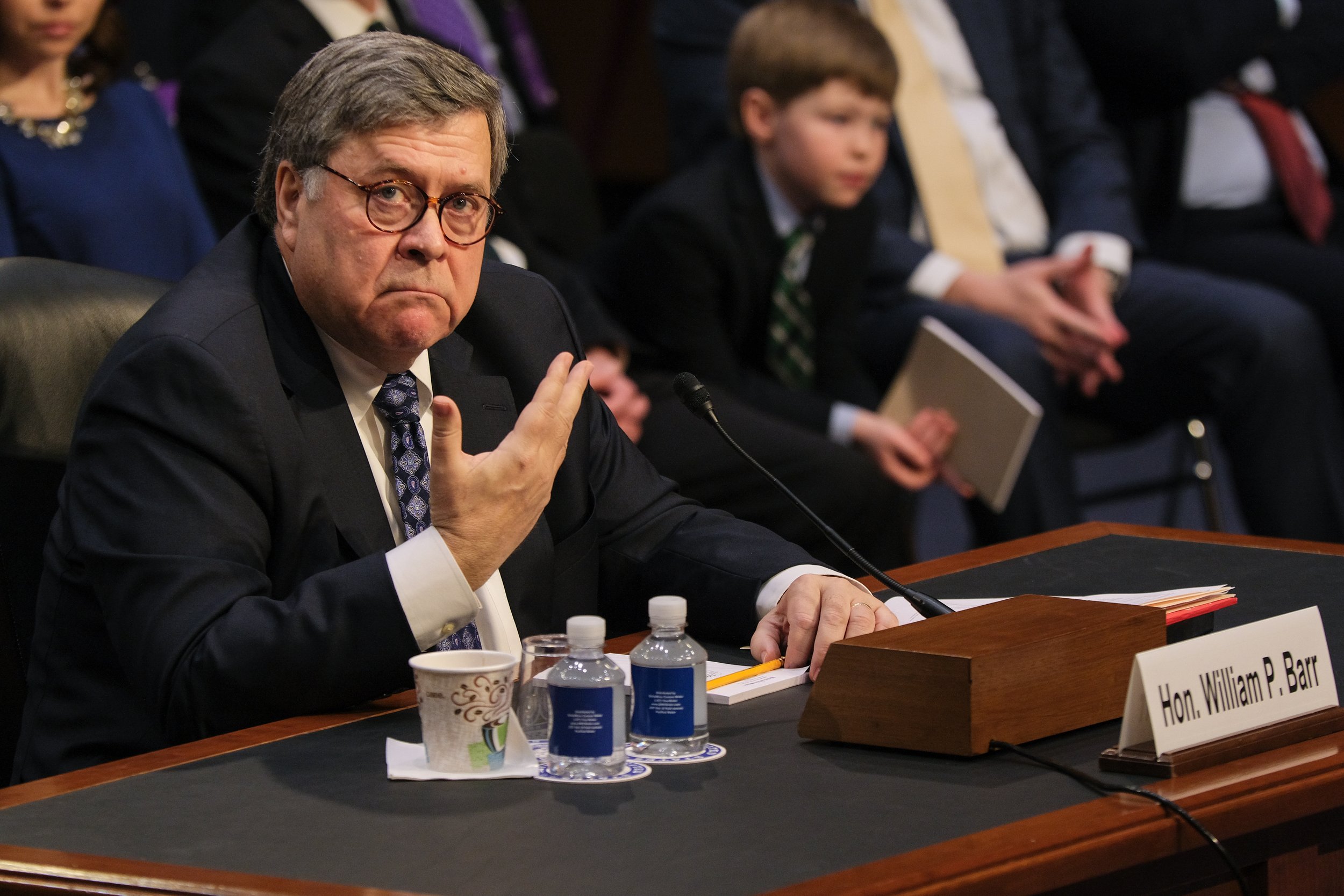  William Barr gesticulates before answering a question during his Senate confirmation hearings for the Attorney General position.    January 2019   