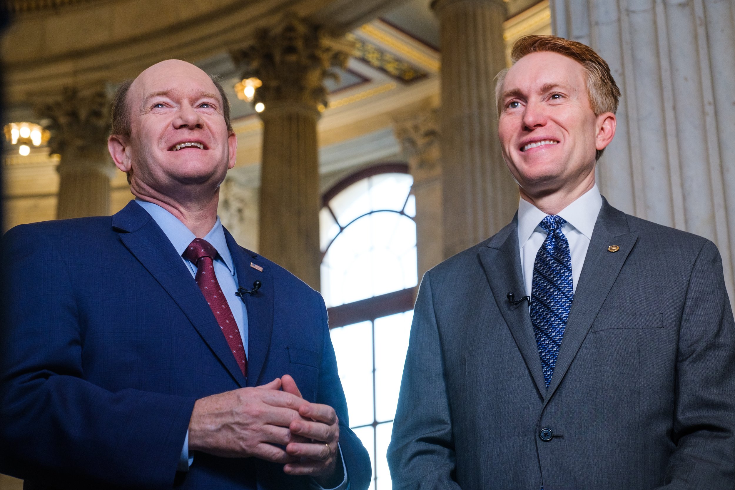  Sen. Chris Coons (D-DE) and Sen. James Lankford (R-OK) are interviewed in the Russell Rotunda ahead of the the National Prayer Breakfast.    January 2019   