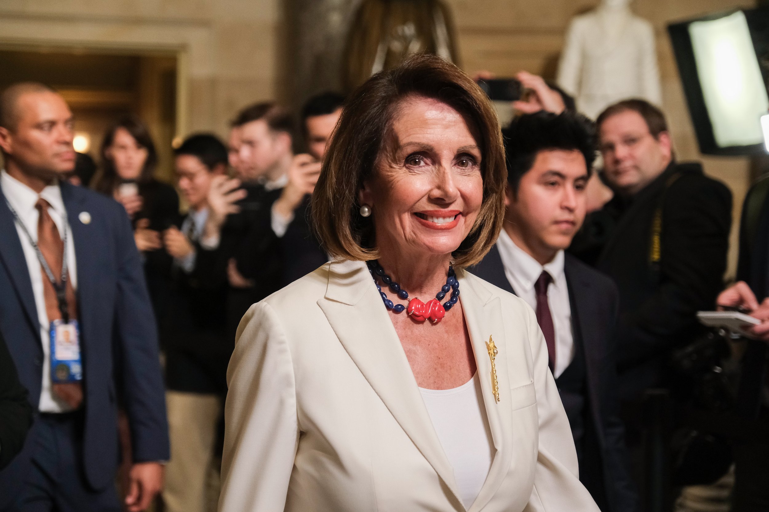  Rep. Nancy Pelosi (D-CA) walks through Statuary Hall to attend the State of the Union address.    February 2019   