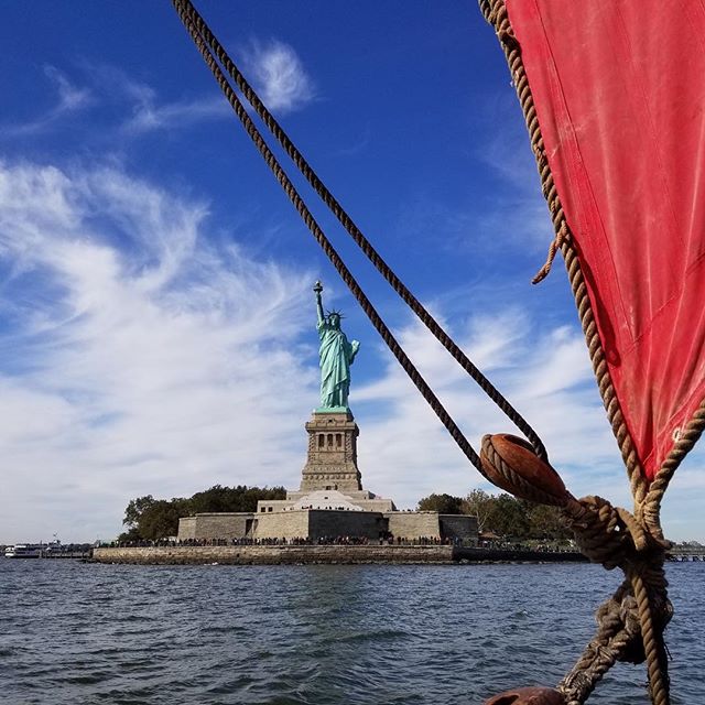 We&rsquo;ve just docked in North Cove Marina, come down and see the greatest Vikingship ever to sail to New York (📷: @martyorfila ) #vikings #draken #newyork #statueofliberty #vikingspirit #sail #norway #scandinavian