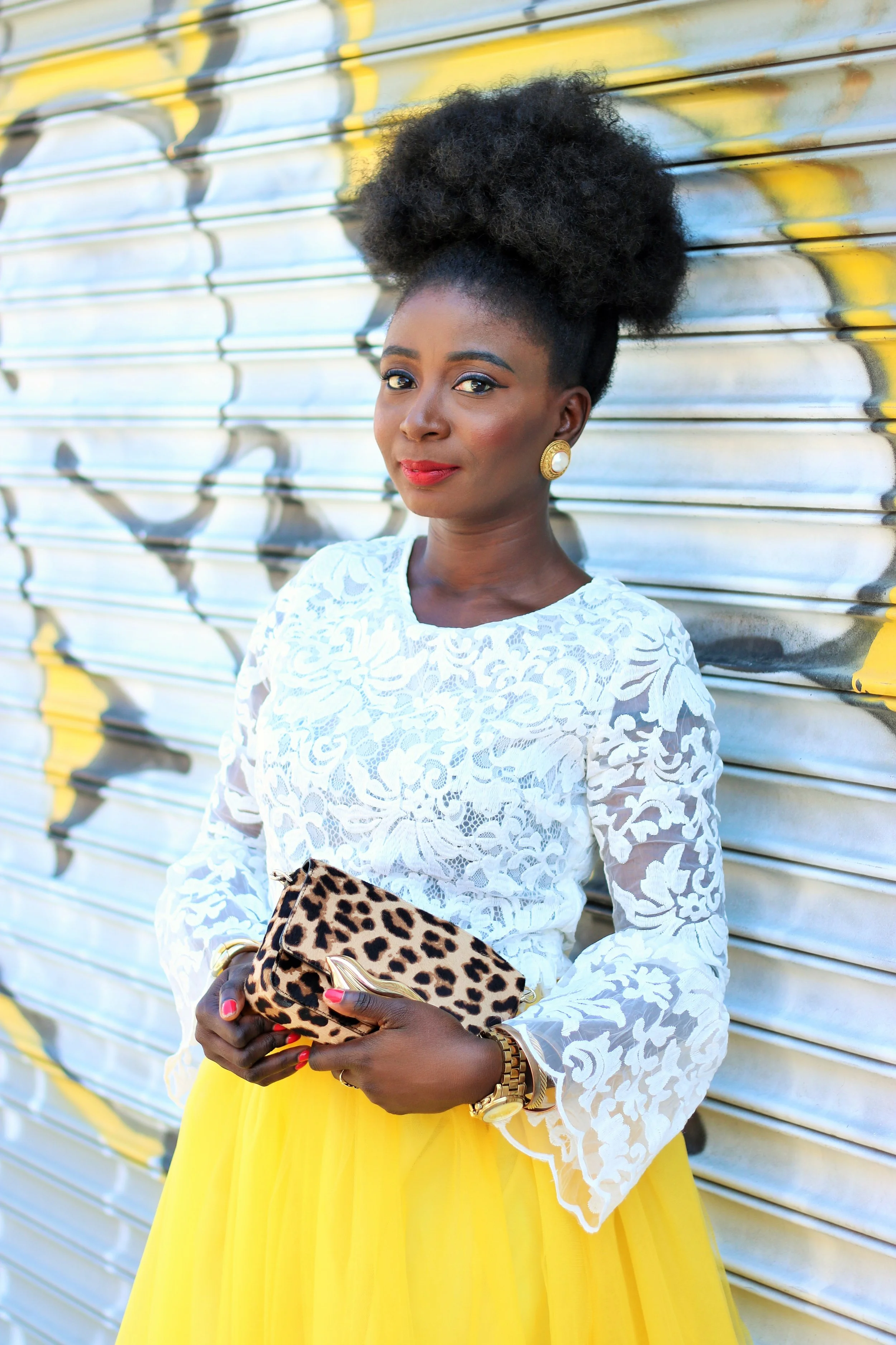 black and white with yellow outfit