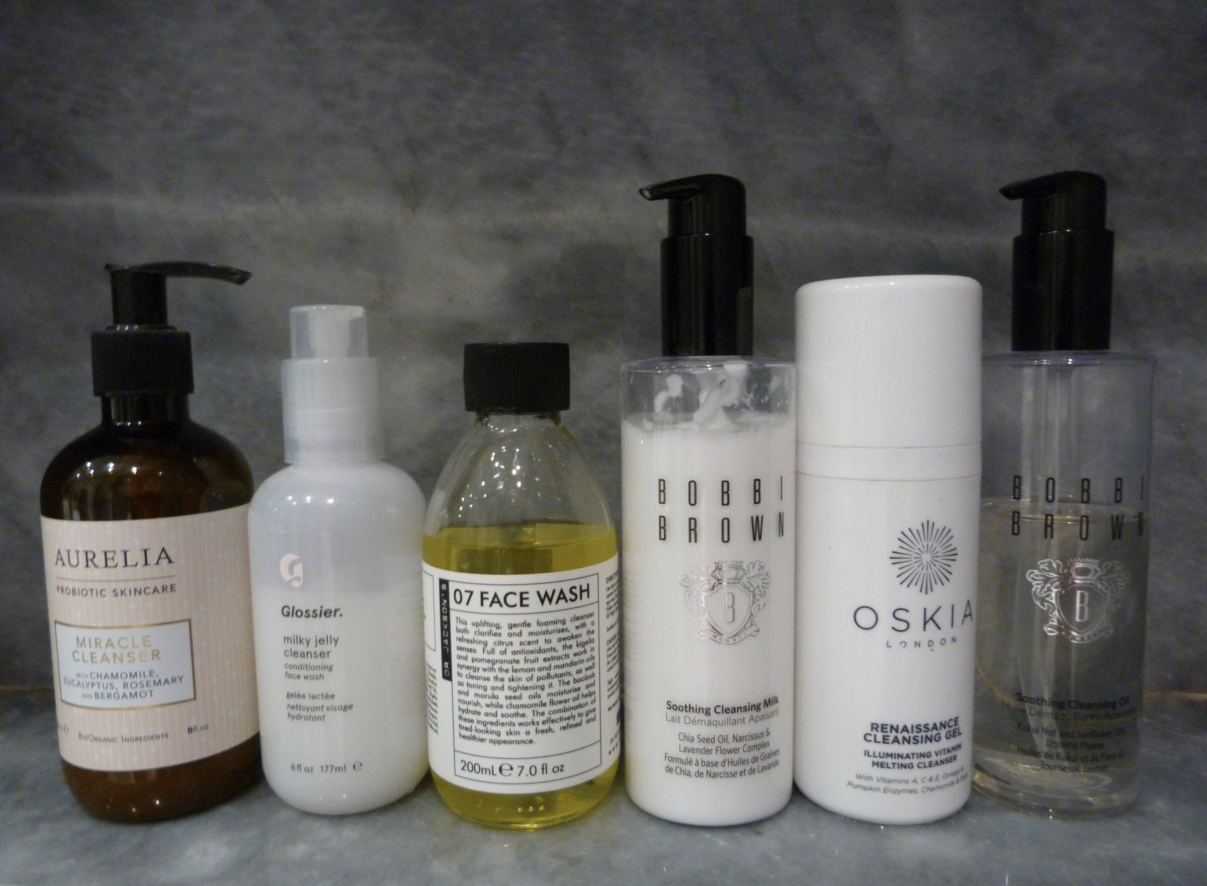 Aurelia Probiotic Skincare, Glossier Milky Jelly Cleanser, Bobbi Brown Soothing Cleansing Oil, Bobbi Brown Soothing Cleansing Milk, Oskia Skin Renaissance Gel