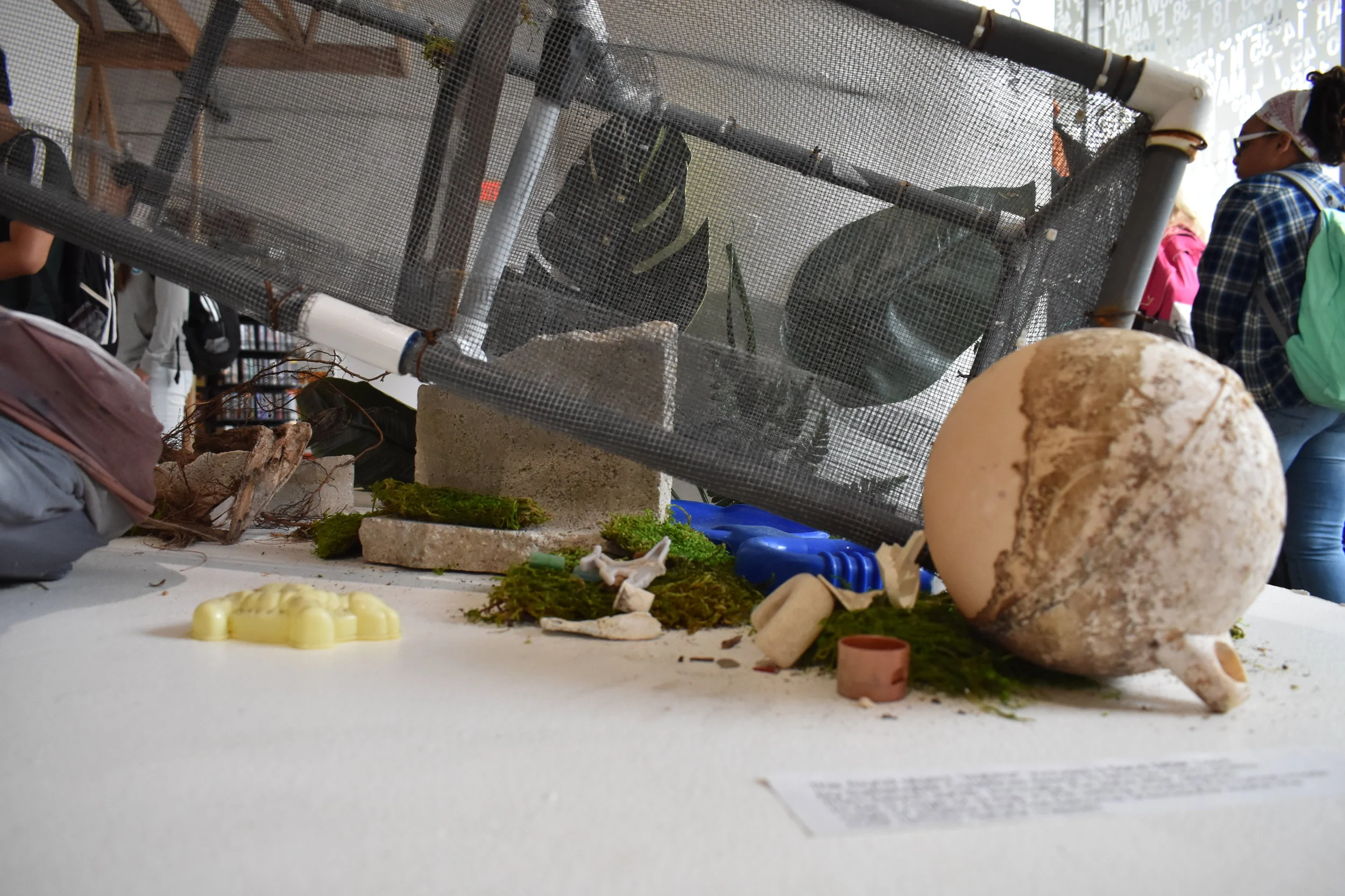  Invoking the human-made cage of plastics that has become unavoidable even on the most remote, otherwise pristine coastlines. 