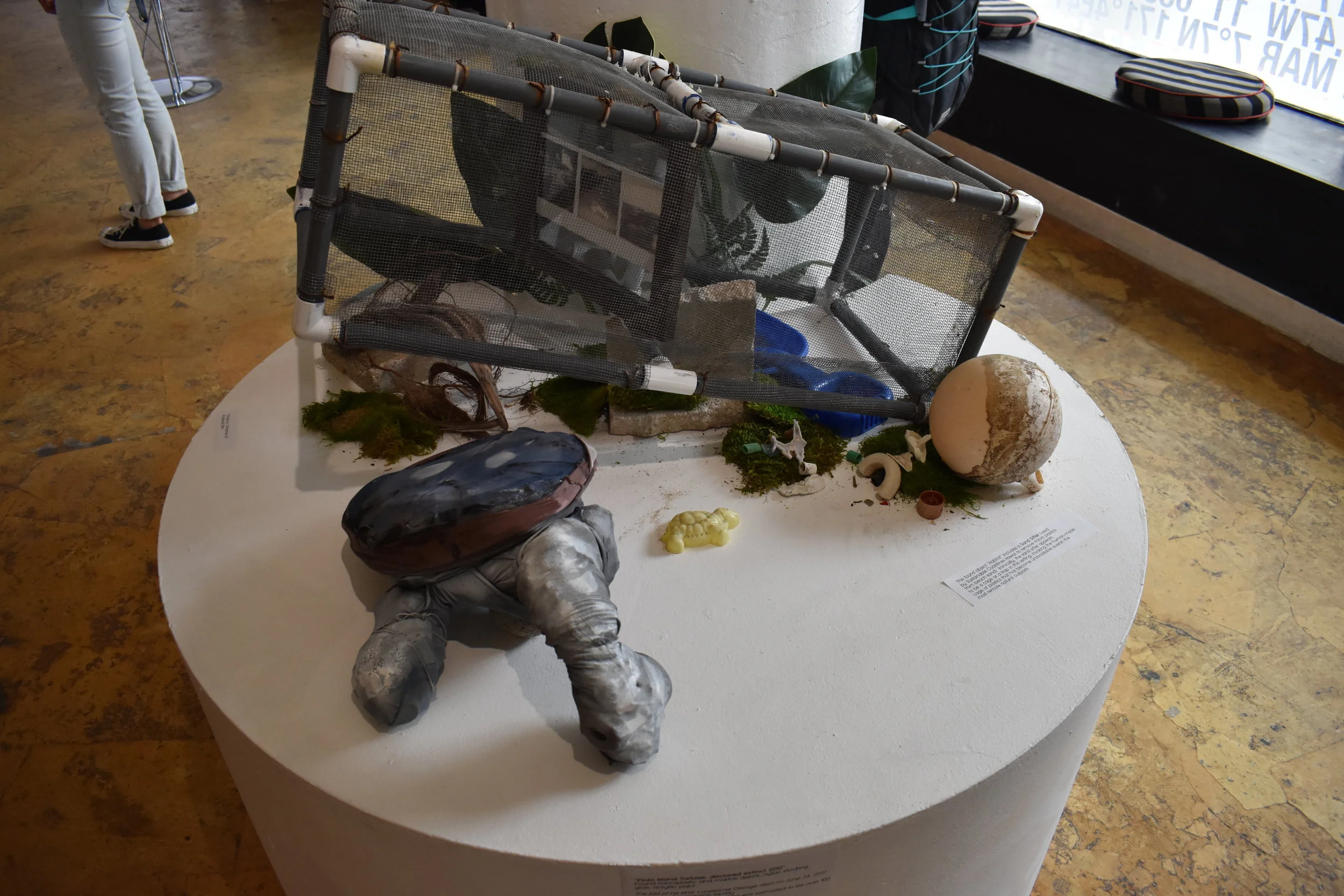  This found object “Habitat” includes a Sand Sifter (used by Sustainable Coastlines Hawaii to remove micro plastics from beach sand). 