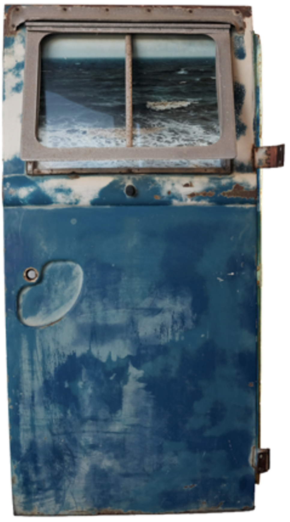 Silent Auction Jubilee #9 Katherine Flynn Painting on Car Door 
Raw beauty of transformation with this striking mixed-media work by Katherine Flynn—where found object meets evocative storytelling. Set within a weathered vintage car door, the piece fr