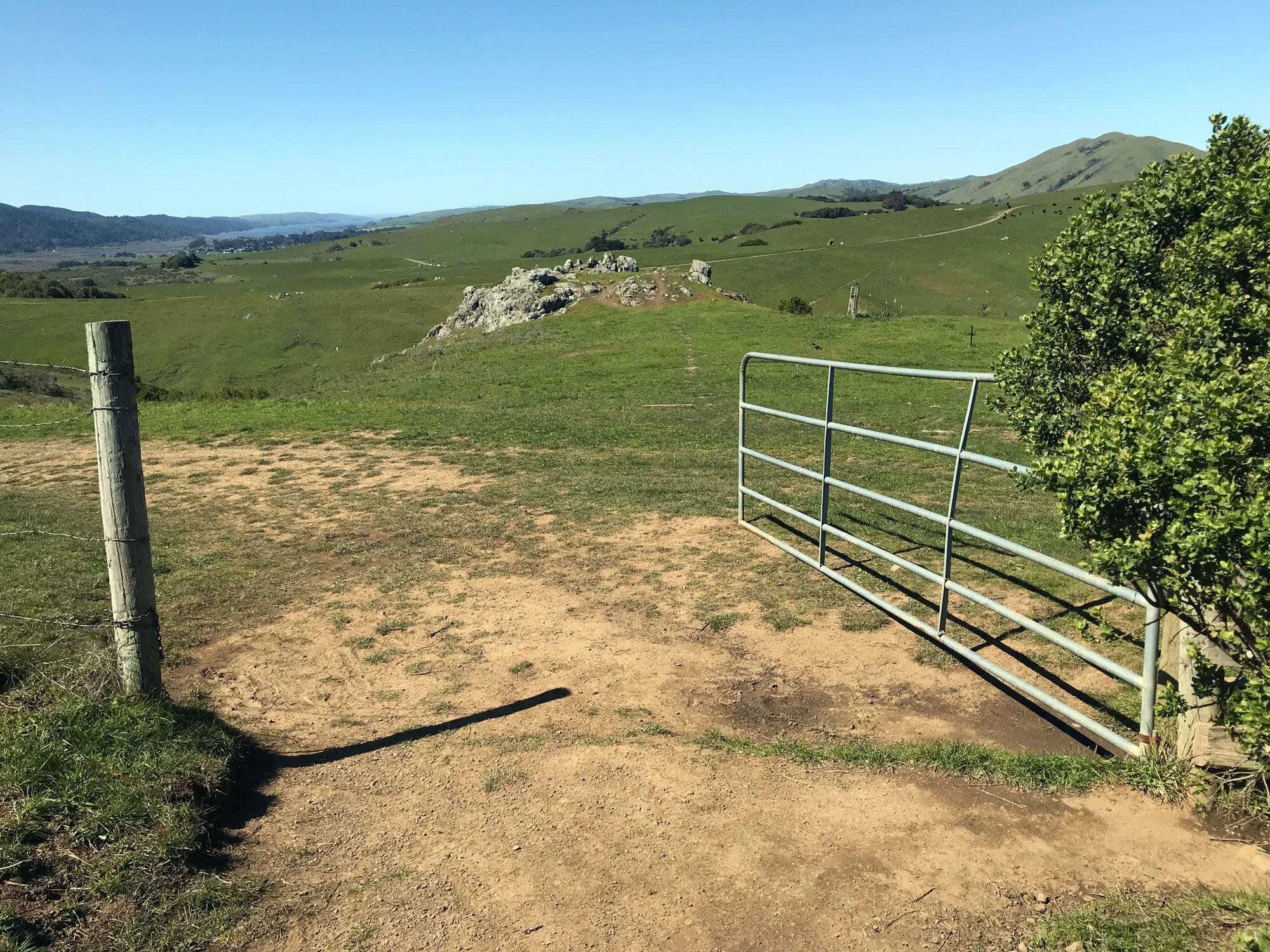 first gate (across from rocks to explore) 