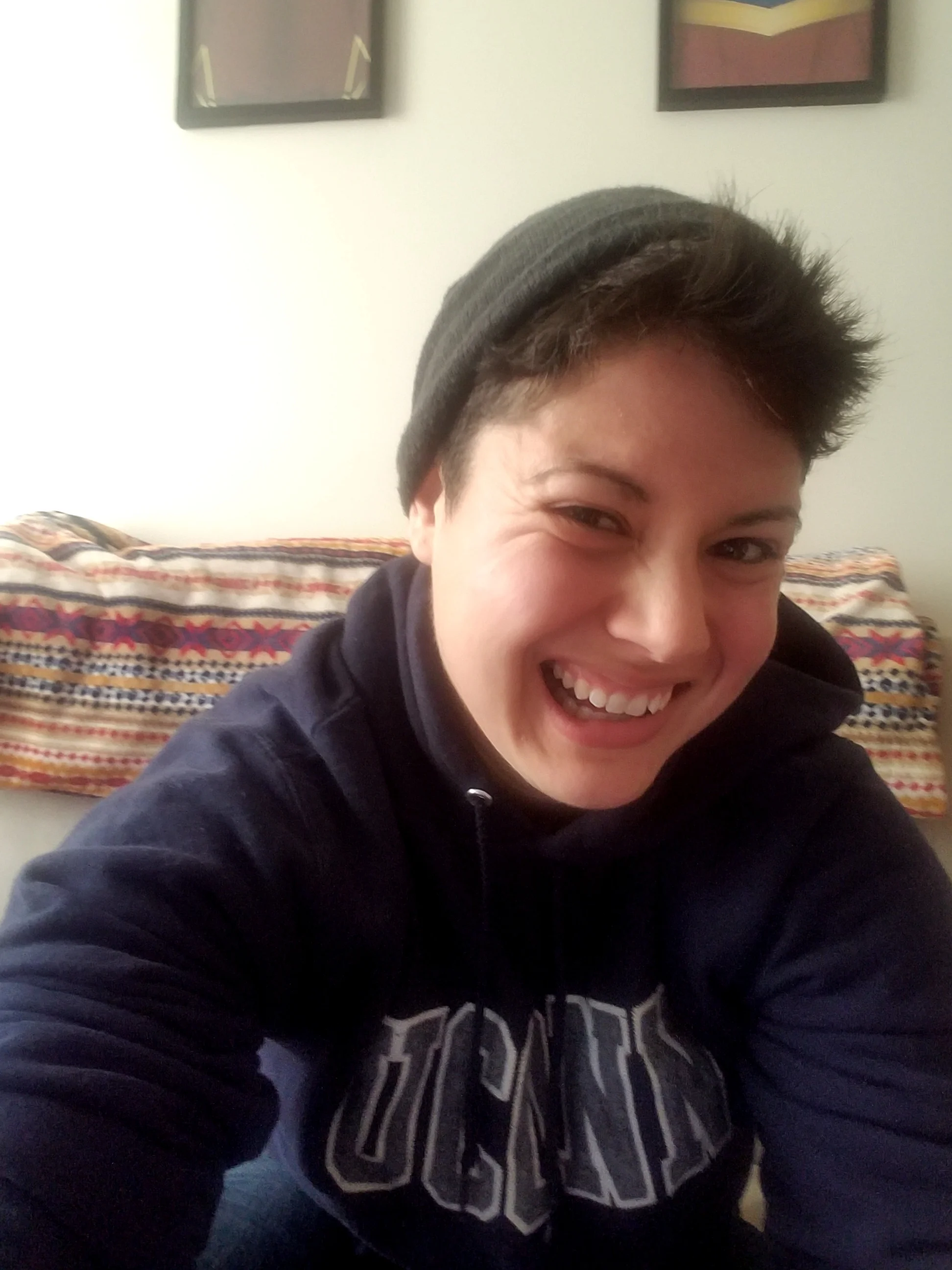 ^^ I mean hey, if you can’t laugh at yourself, what can you laugh at? Starting to laugh with a very crinkly smile, but still looking at the camera.
