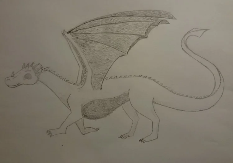 With an enigmatic smile on her face, Zaylam walks on all fours with her wings extended above her body, her furry underbelly and strong, curvy tail drawing the eye just as Zaylam would want them to. Her eyes are big and bright, and the gentle spikes crowning her head match the small spikes that line her spine (fading smaller and smaller as they approach her tail). By LM.