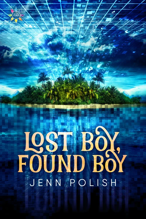 Lost Boy, Found Boy cover: a pixelated ocean with a green island in the background; a matrix projects through the cloudy sky.