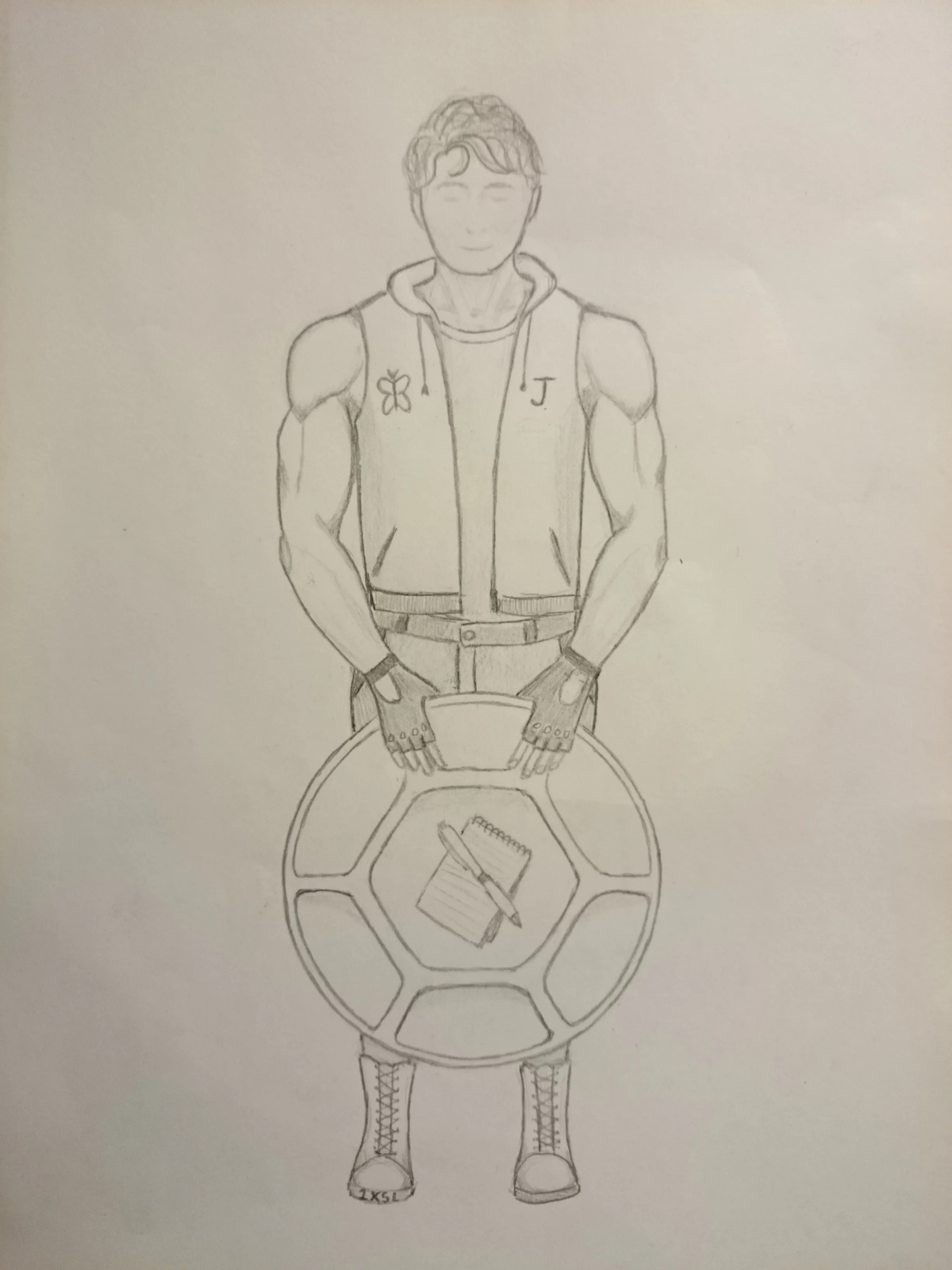 A humbling grey and white pencil drawing by the incredible, amazing L.M., who depicted me standing with sufficiently short hair, awesome arm muscles, a cool sweater-vest with a J on one side and a butterfly on the other; I’m holding a circular, turtle shell-style shield at rest in my gloved hands. An open notebook with a pen on top of it comprise the shield’s emblem.