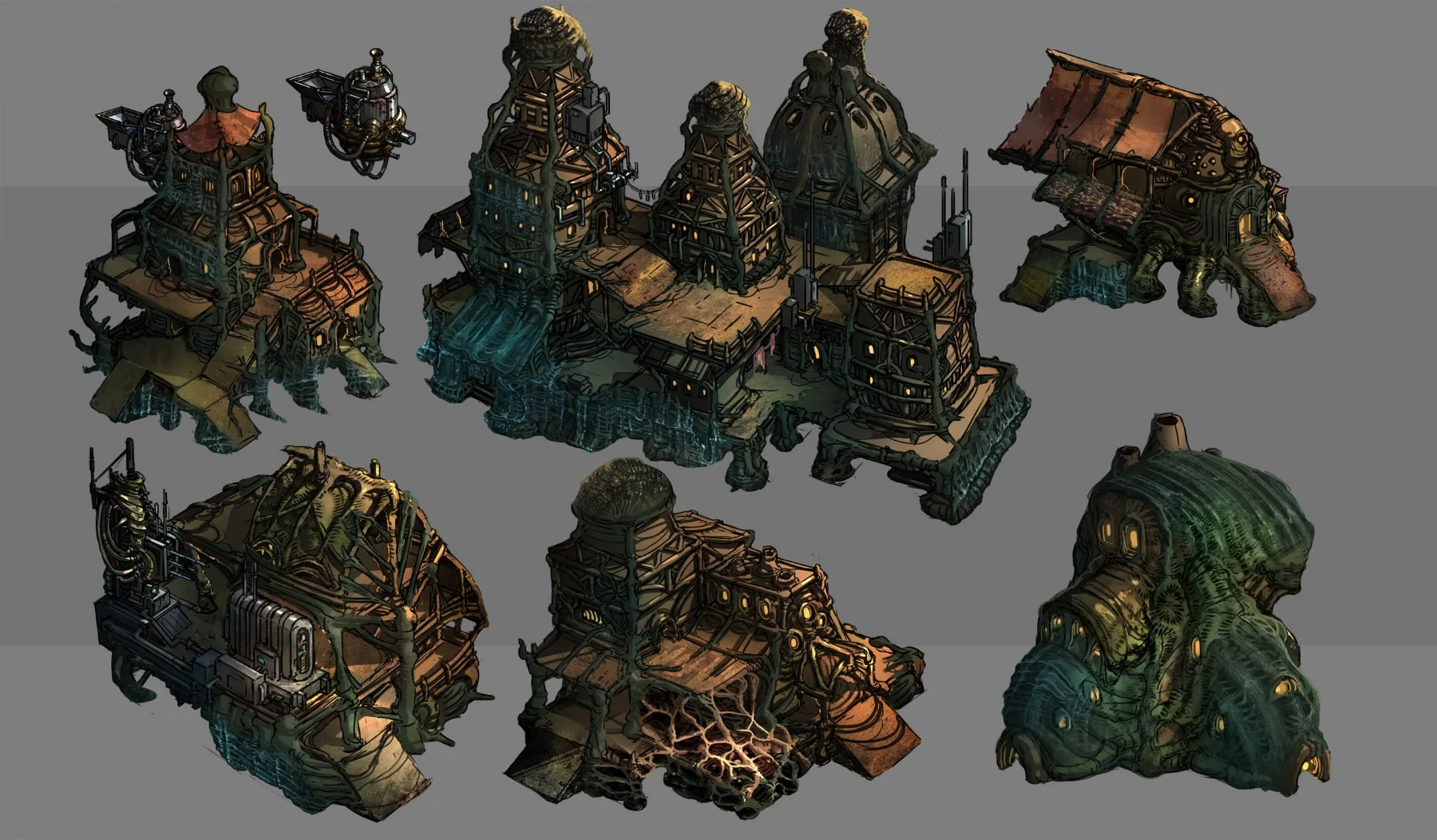 A selection of concept buildings from the Slum district of a Disciples Haven