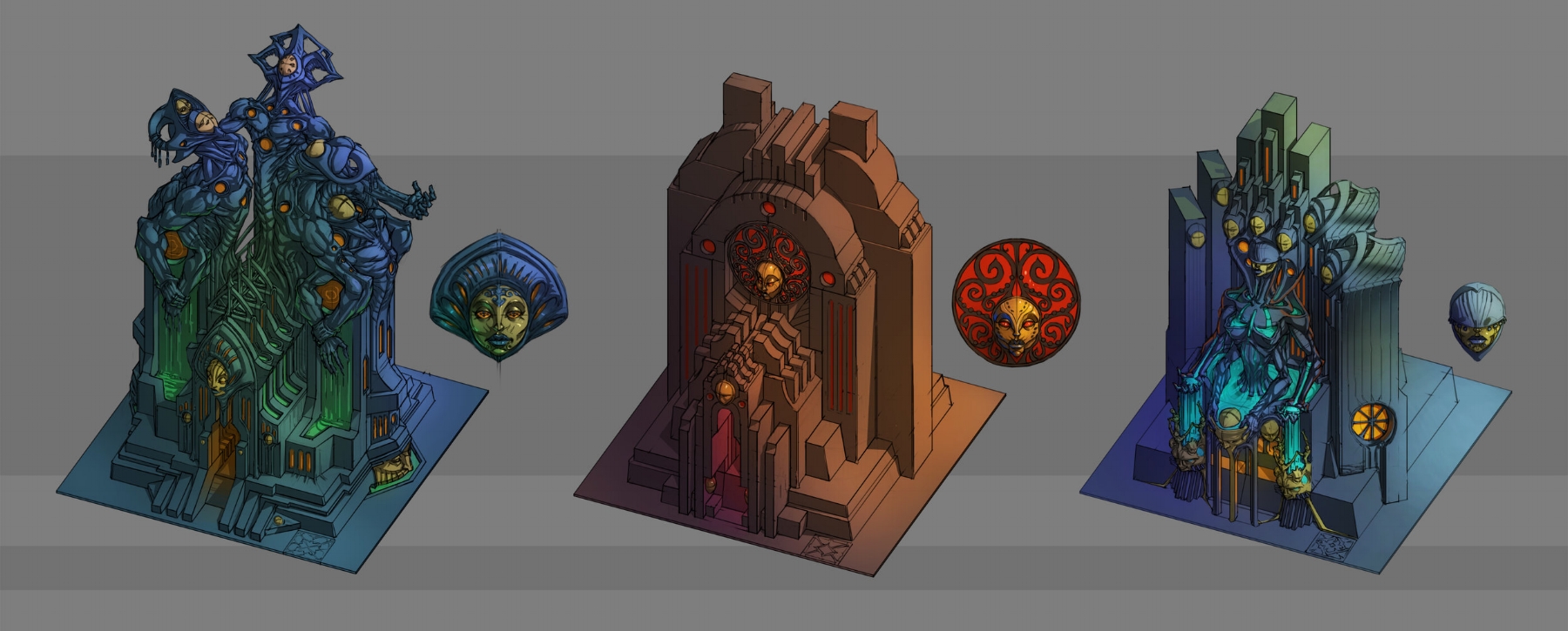 Some of the different styles and colours considered for temples