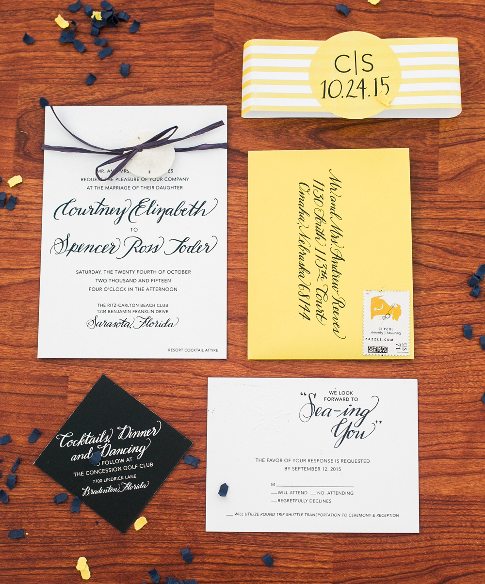 Seaside wedding suite This navy, yellow, and white wedding suite was done in collaboration with Courtney Winet Design. 