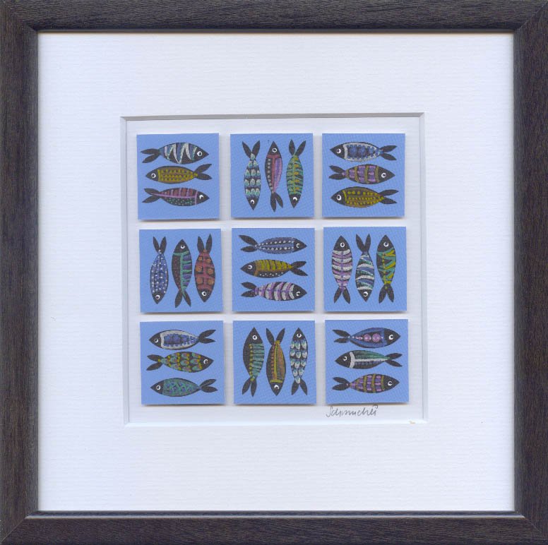 038 Fische hellblau, 20 x 20 cm mit Rahmen, CHF 200.-