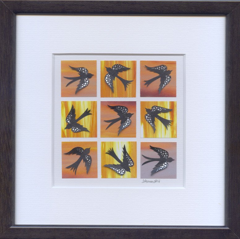 041 Vögel im Abendrot, 20 x 20 cm mit Rahmen, CHF 200.-