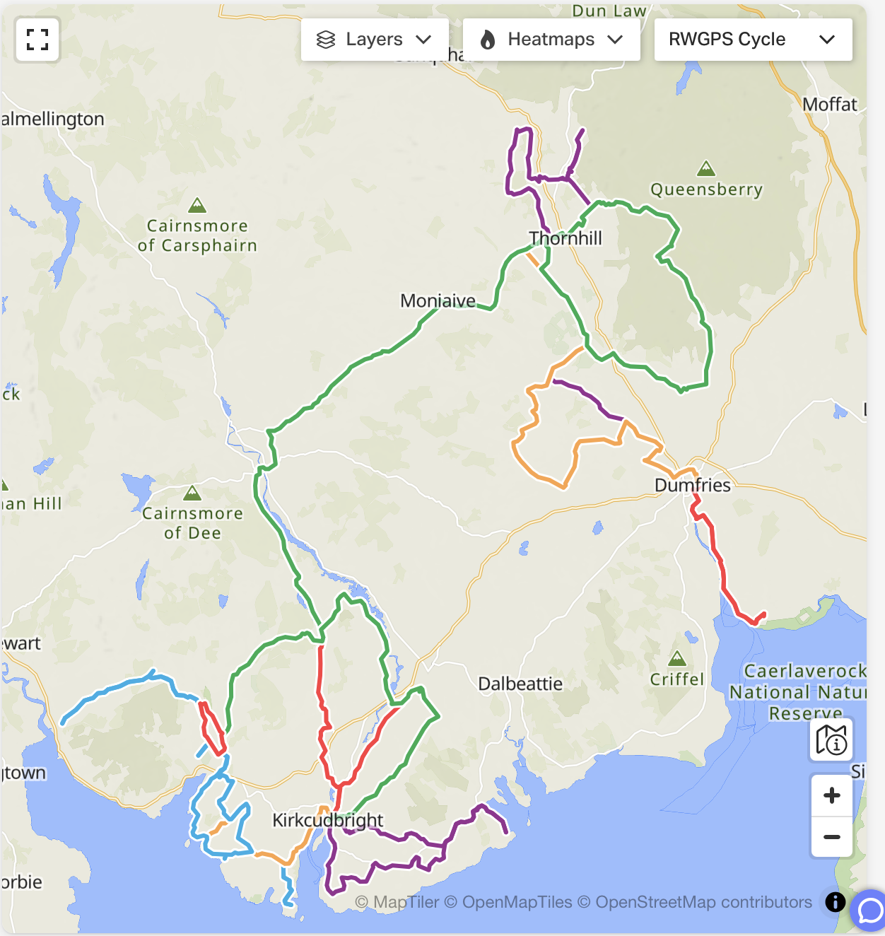 Map showing cycling routes for the Full Galloway Tour designed by Galloway Cycling Holidays, Scotland.