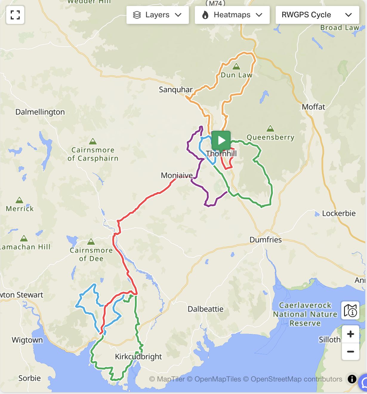 Map showing a cycling routes for the Castles and Coast Tour by Galloway Cycling Holidays.