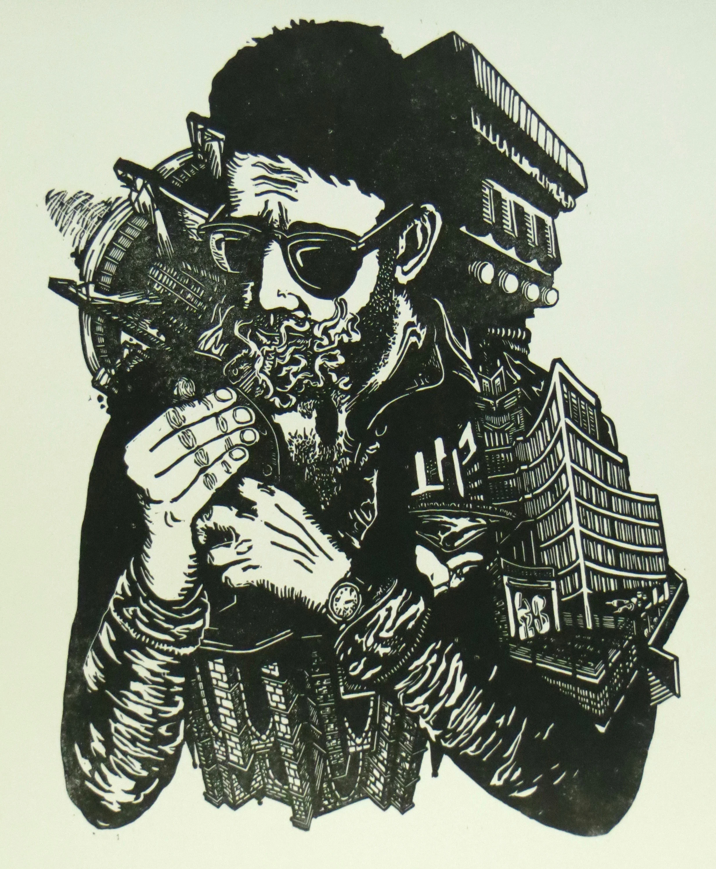 Kyle Bryant "Burning cannabis nonchalantly" Linocut on paper, 2016.