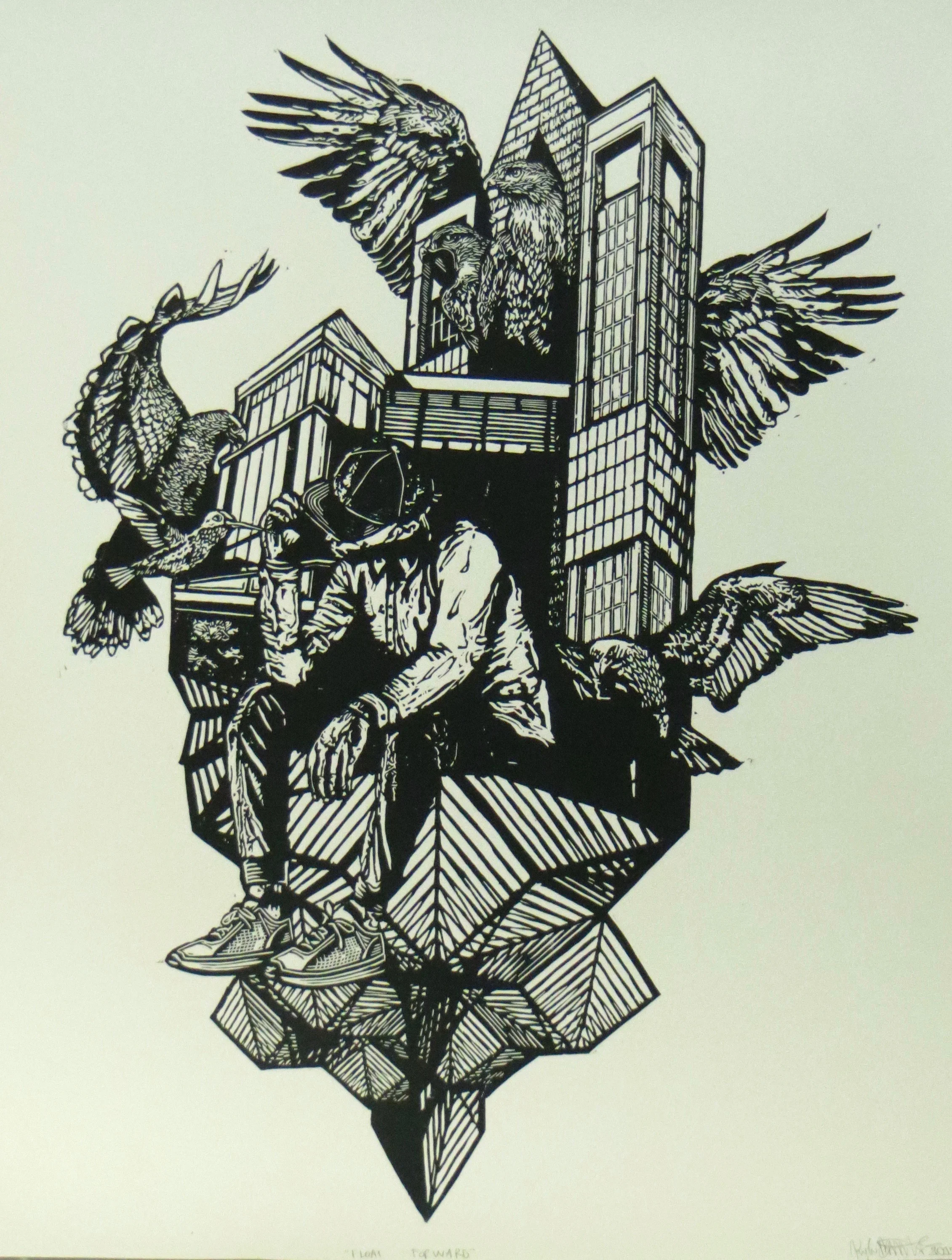 Kyle Bryant "Float on and Farewell" Linocut on paper, 2017.