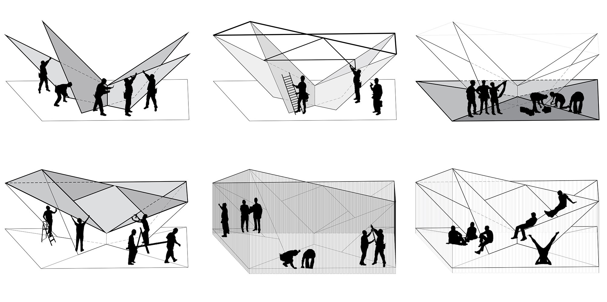      I    Inverted timber A-frames provide a simple robust framework.      II      Ring cables brace the structure against itself.      III    The angled planes of the sloped floor conceal the support structure.      IV      A stressed plywood skin f