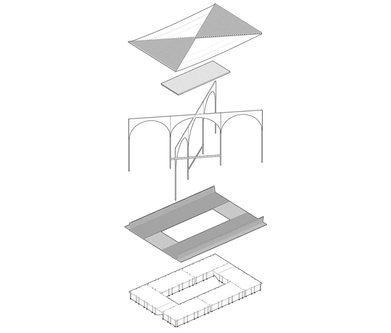  The pontoons donated to form the site are arranged in a ring to create a platform for inhabitation around the table. The standardisation of these pontoons allows the structure to reflect their use as a device of both control and liberation. The stru