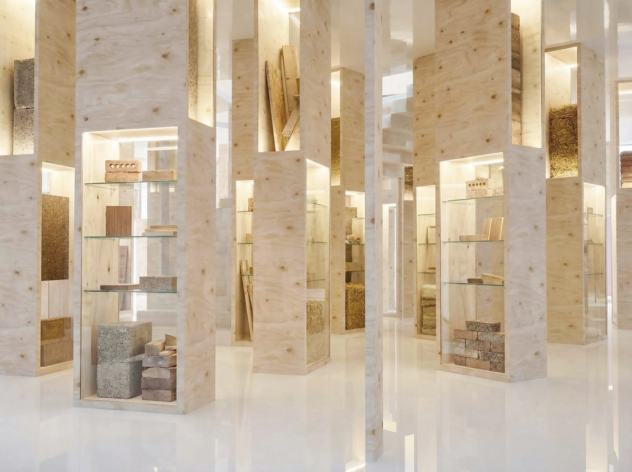  When asked to make a proposal for the centrepiece of a large trade show ‘Ecobuild’ our proposal was to break the relentless grid of these events, creating an assemblage of simple vitrines, removing directionality, but promoting diversity and juxtapo