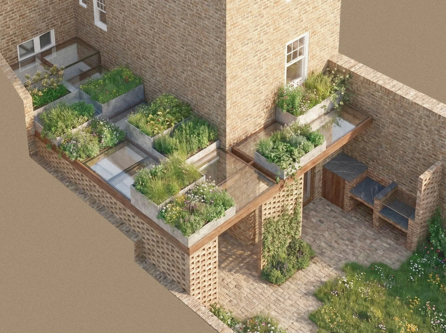   An extension in Hammersmith for a TV chef provides a suitably large kitchen, with a highly distinct roof that seeks to convey the sensation of being within the herb garden itself.    