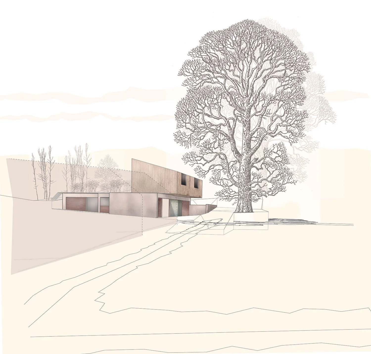  A new house for a constrained site in a beautiful semi-rural location in Kent. The main living spaces are located on the upper floor, taking advantage of long views and optimised natural light. The bedrooms are arranged below, set around a sunken co