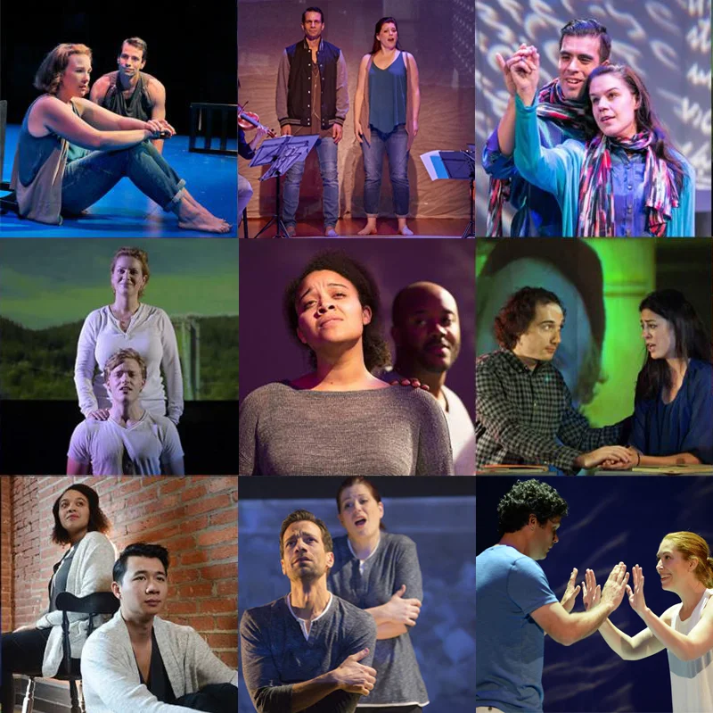 Various productions of As One . Top row: the original American Opera Projects' production at the Brooklyn Academy of Music, Caine College of the Arts, UrbanArias Middle row: West Edge Opera, Seattle Opera, International Opera Projects (Berlin) Bottom row: Pittsburgh Opera, Opera Colorado, Long Beach Opera