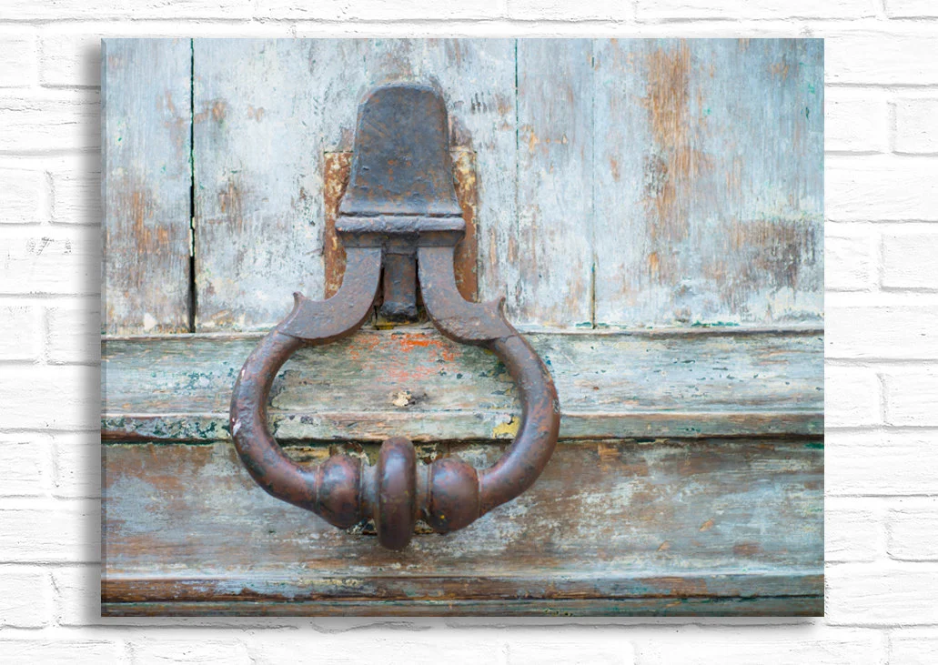 Paris canvas wall art, pale blue door with rusty knocker detail