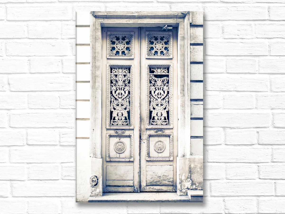 Paris canvas wall art, worn white door