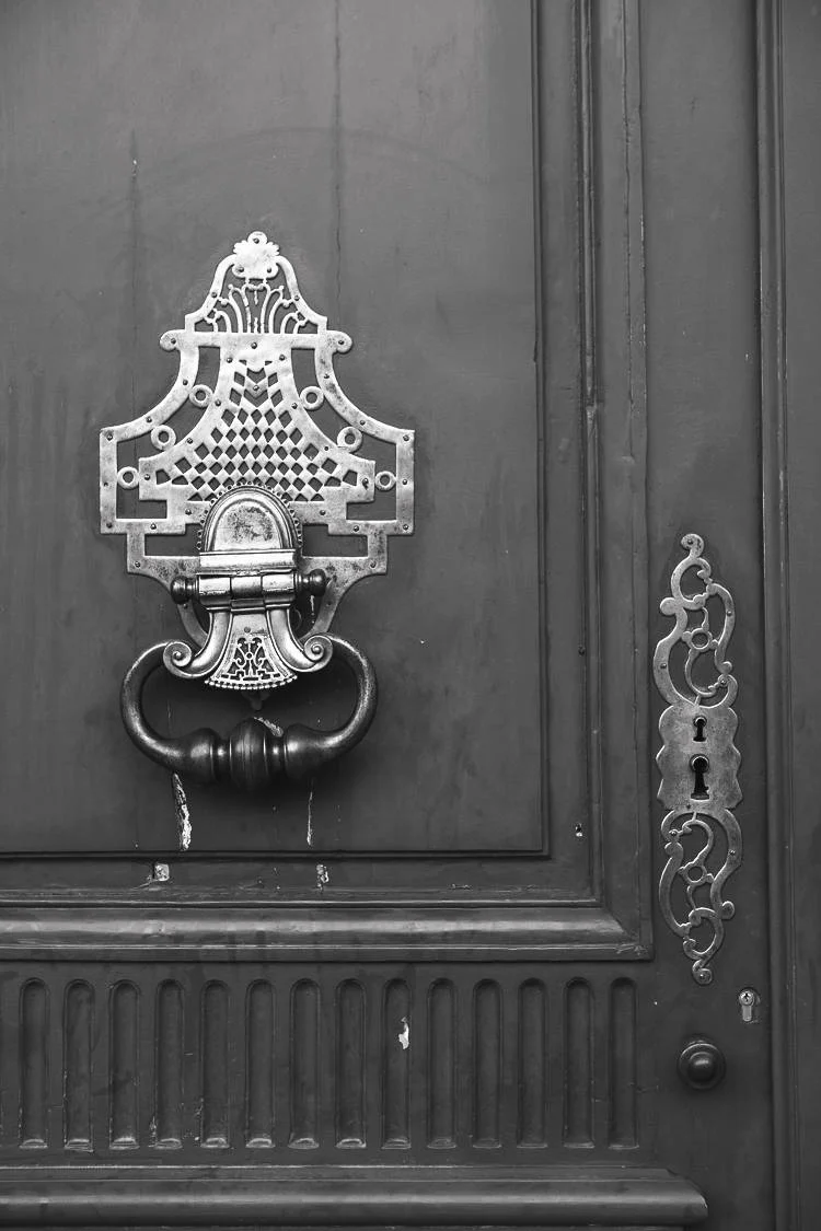 Paris pictures, door with brass knocker, black and white