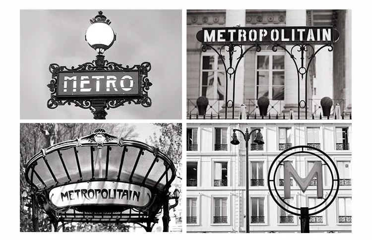 Paris pictures, metro sign collection, 4 black and white prints