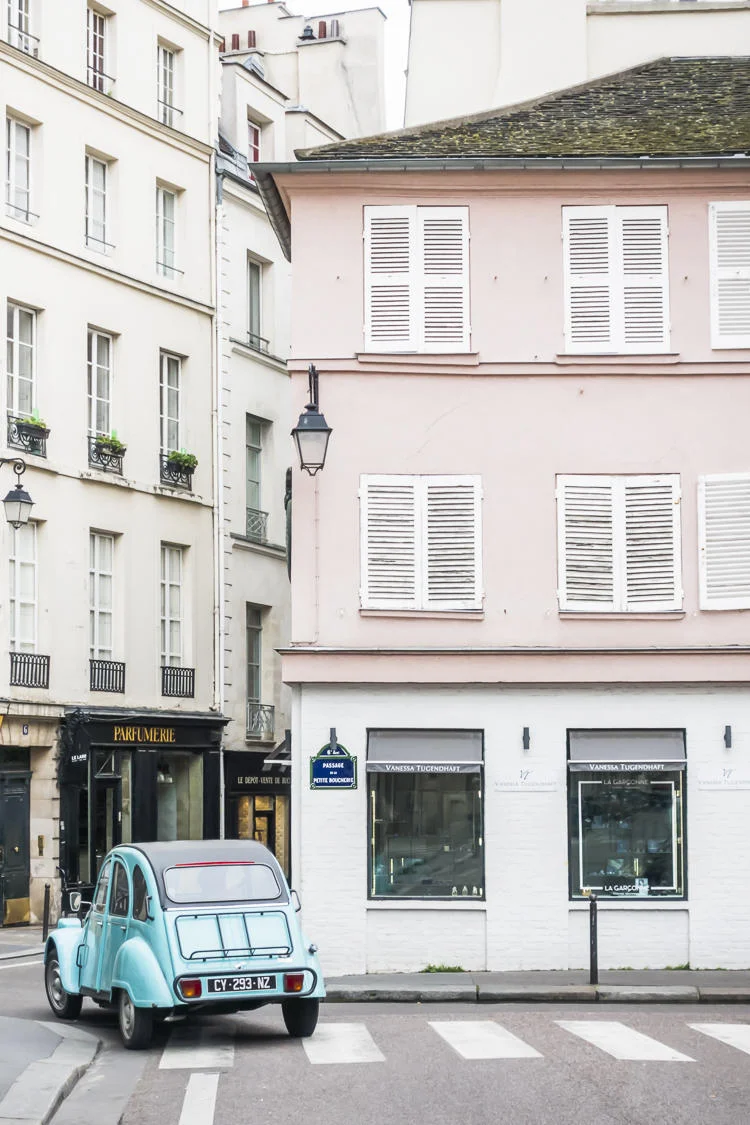 Pictures of Paris, vintage 2CV Citroen in Saint Germain, pastel colors