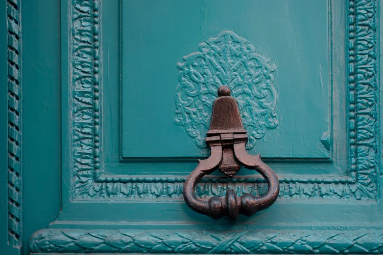 Paris pictures, teal blue door detail with knocker, fine art print