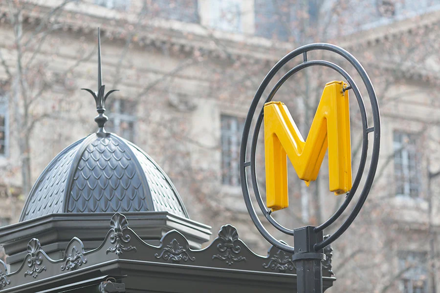 Paris pictures, yellow metro sign at Hotel de Ville, fine art photography print
